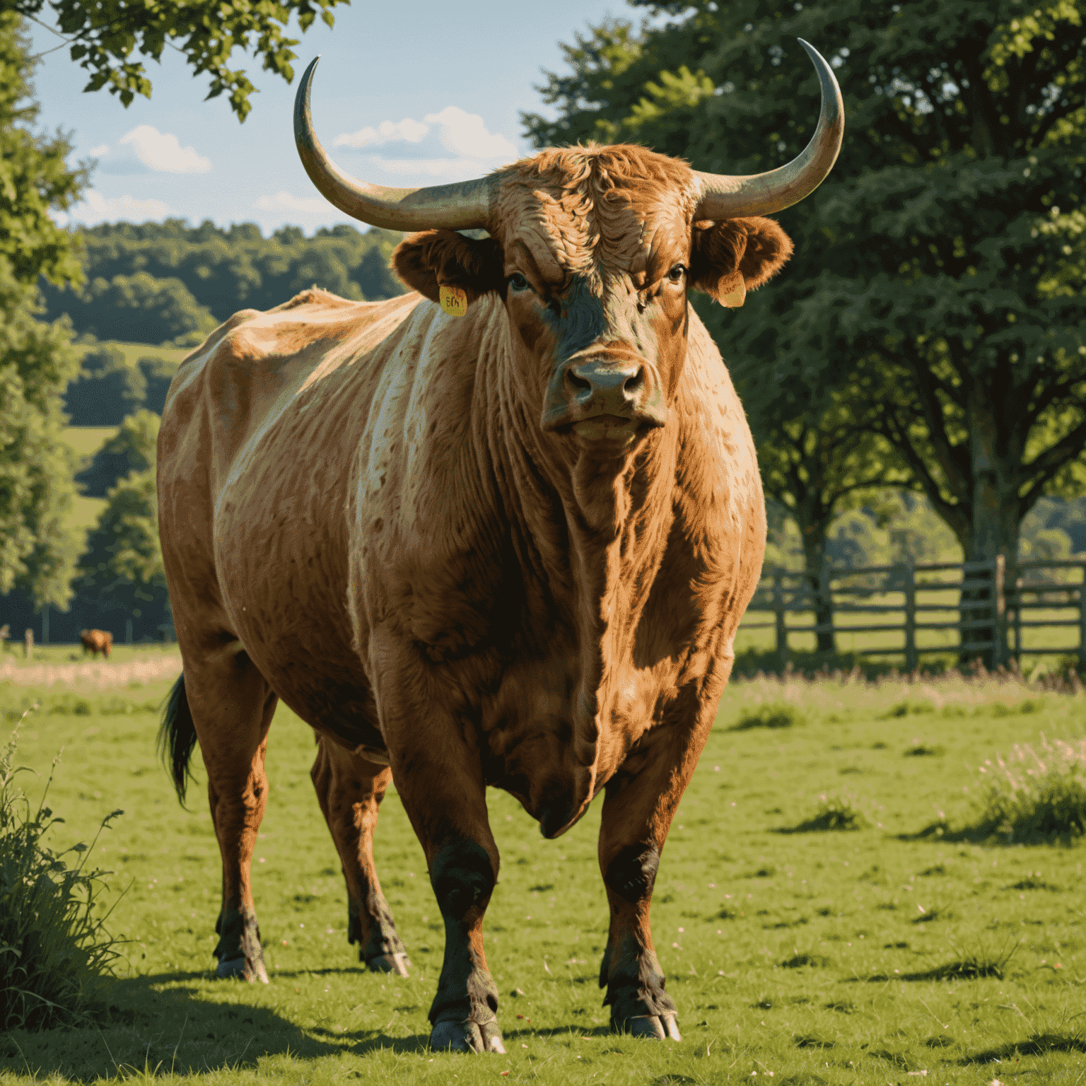 A majestic BullX standing in a lush green pasture, showcasing its muscular build and proud stance. The bull has a golden-brown coat that shines in the sunlight, emphasizing its superior genetics and health.