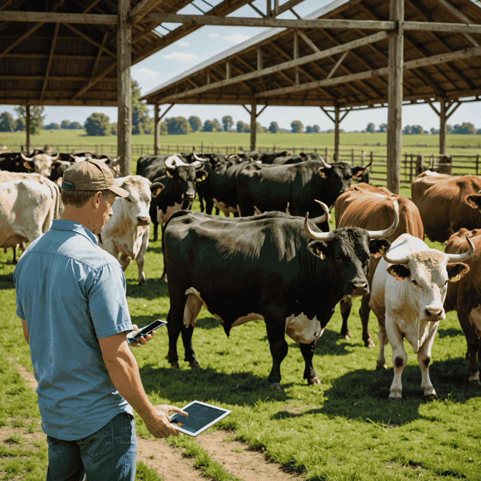 A modern farm setting with a group of healthy bulls in a pasture, showcasing advanced breeding techniques. In the foreground, a farmer is using a tablet, symbolizing the use of technology in bull breeding.