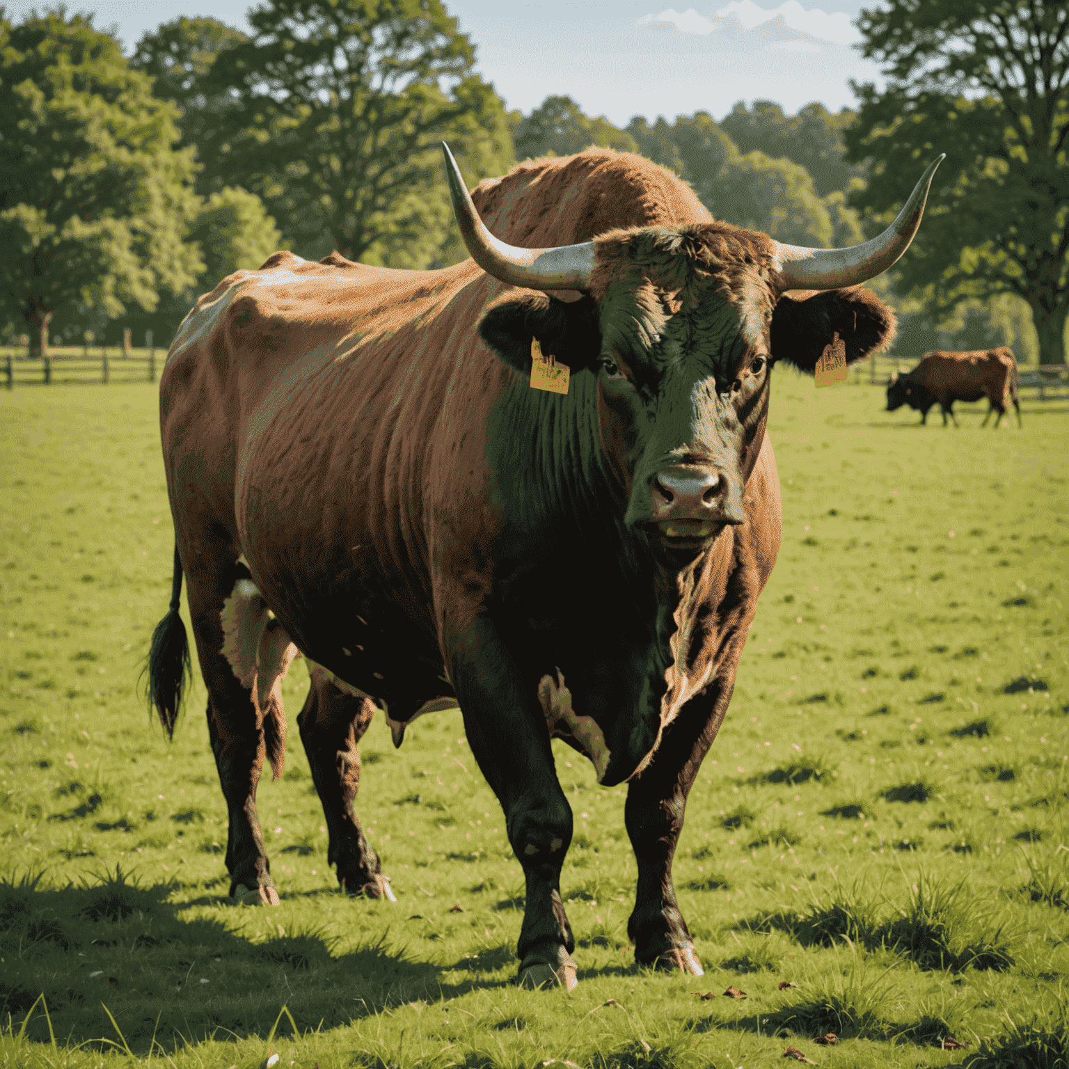 A robust, healthy bull grazing in a lush pasture, showcasing ideal farm bull condition