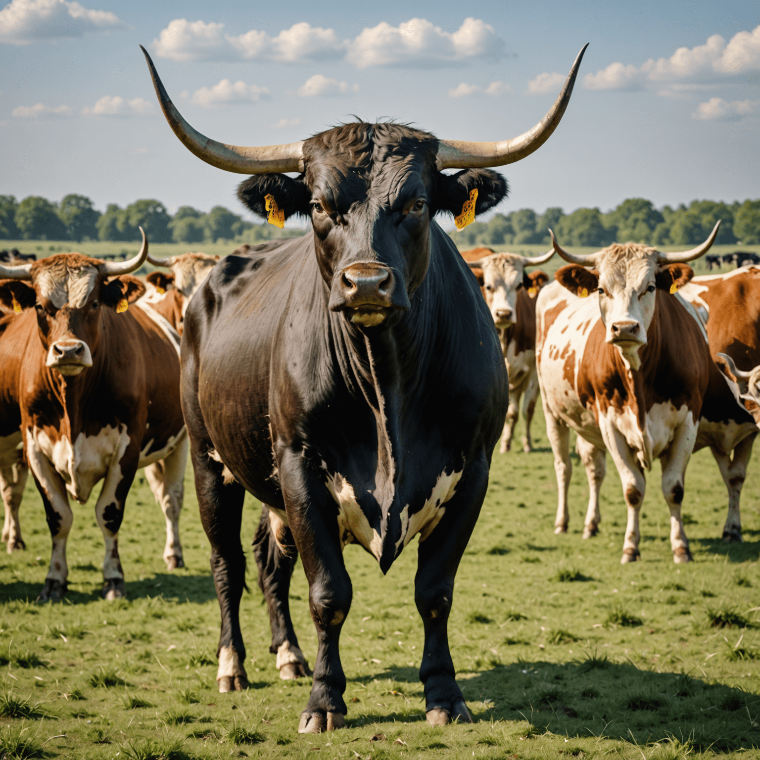 A majestic bull standing in a field, surrounded by cows. The image showcases the power and genetics of our breeding bulls.