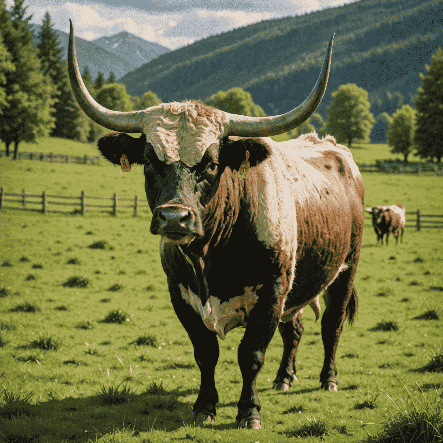 A majestic farm bull standing in a lush green pasture, showcasing its strong build and impressive horns