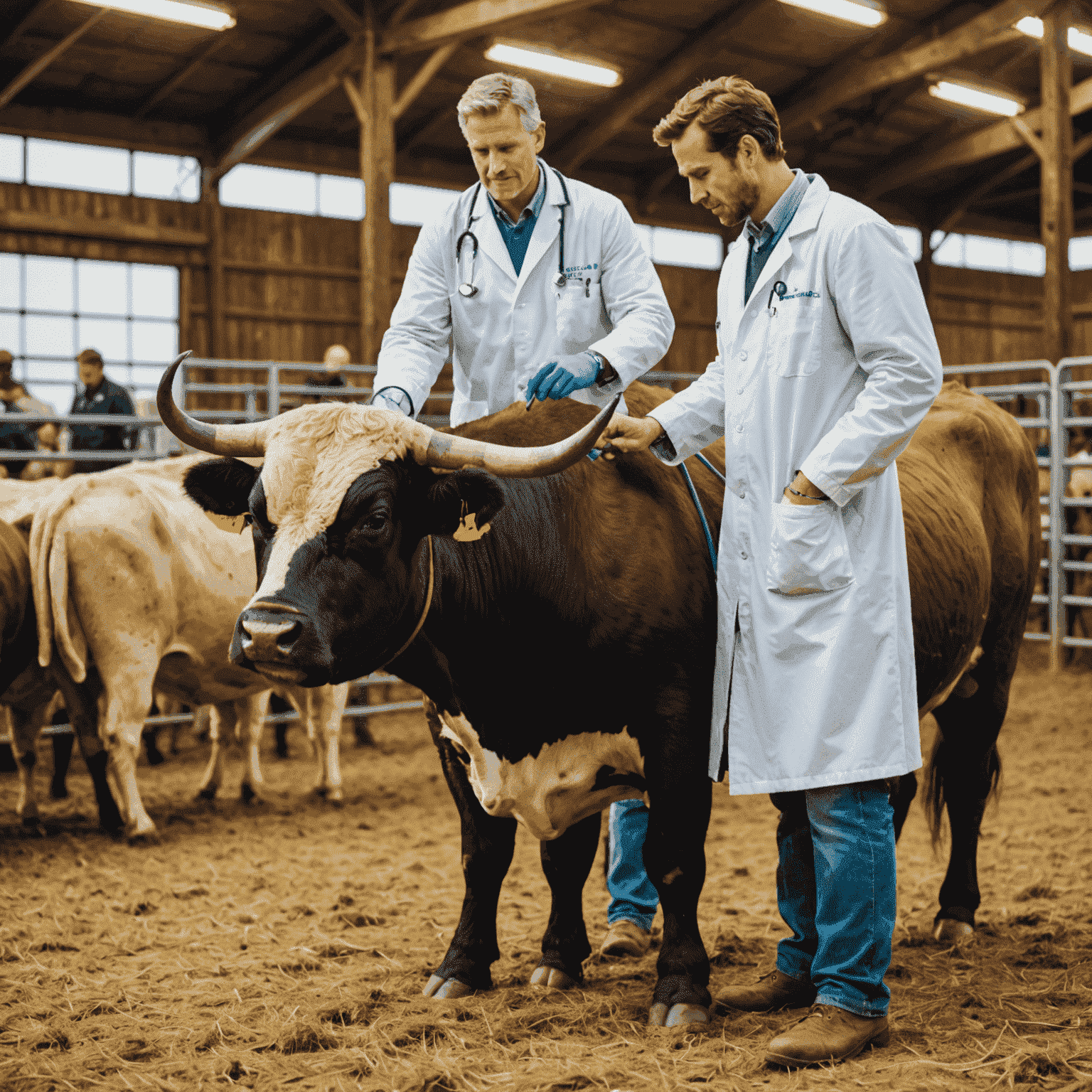 A veterinarian performing a health check-up on a large, muscular farm bull. The vet is wearing a white coat and using a stethoscope to listen to the bull's heart.