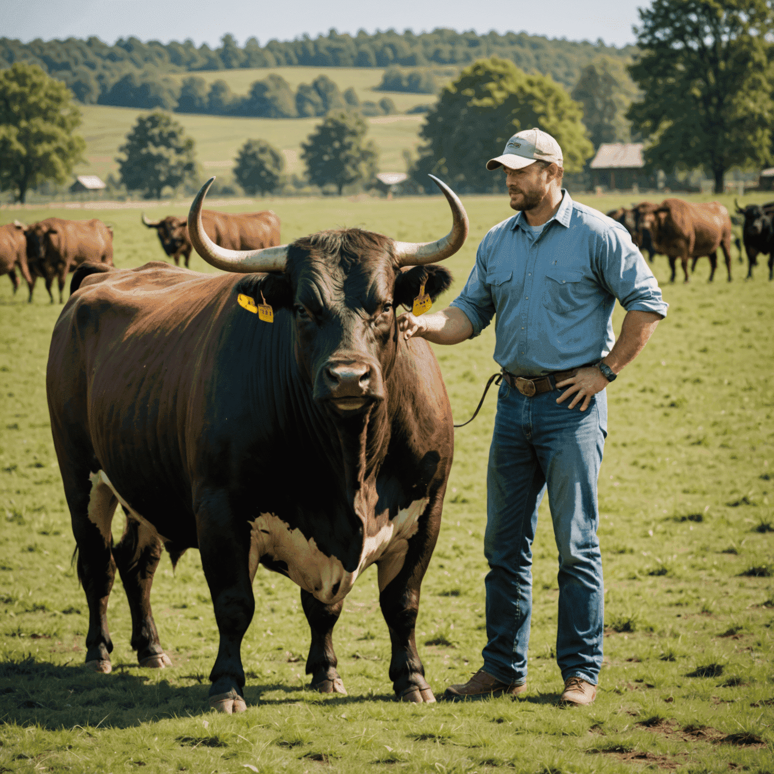 A professional trainer working with a large farm bull in an open field, demonstrating control and communication techniques