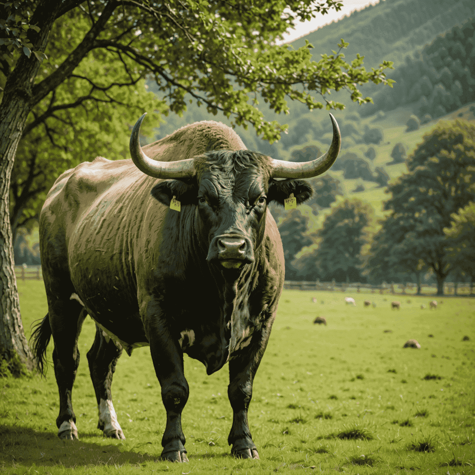 A healthy, muscular bull grazing in a lush green pasture. The bull has a glossy coat and appears to be in peak condition, showcasing the benefits of proper nutrition.