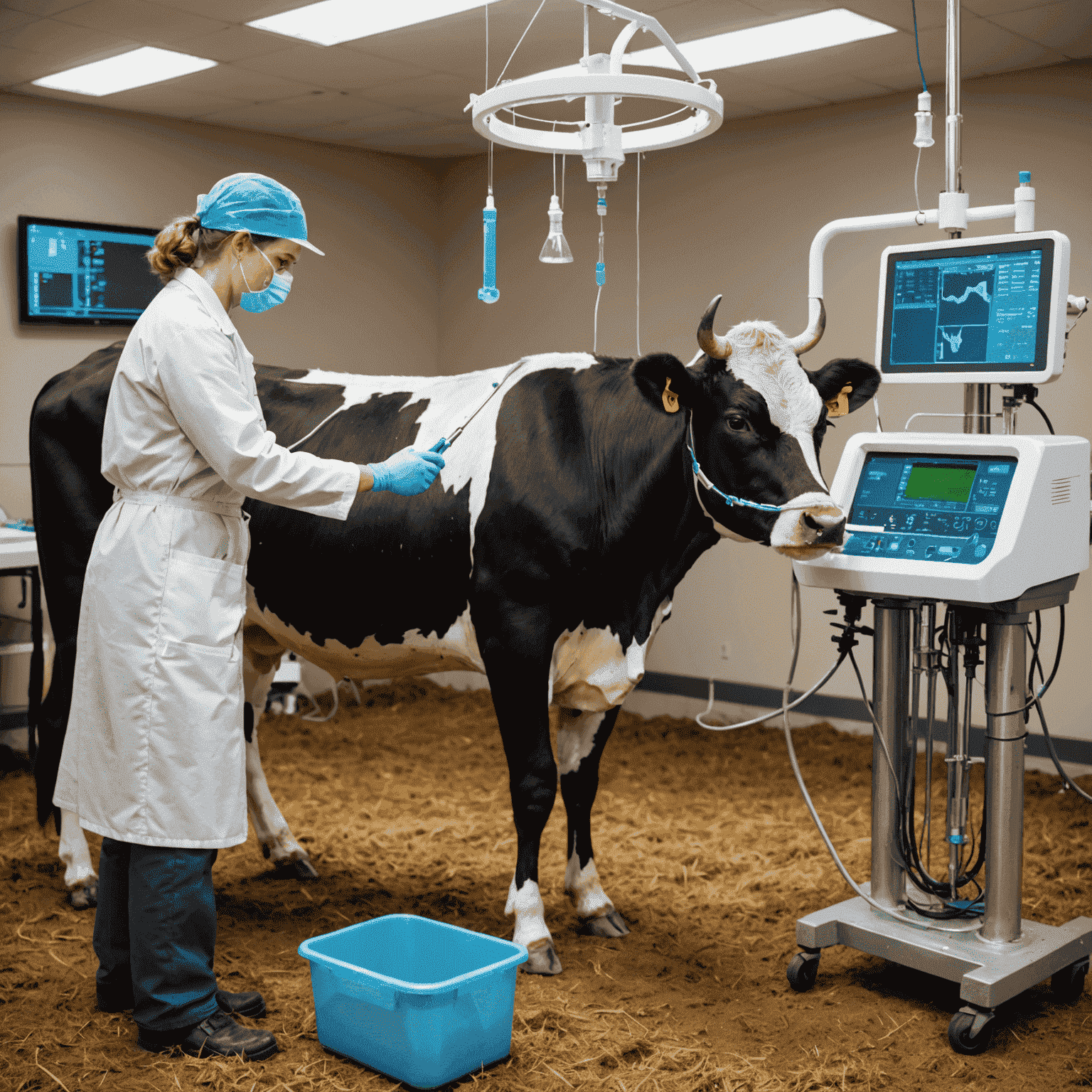 A veterinarian performing artificial insemination on a cow, with advanced equipment and a sterile environment. Charts showing genetic improvements are visible in the background.