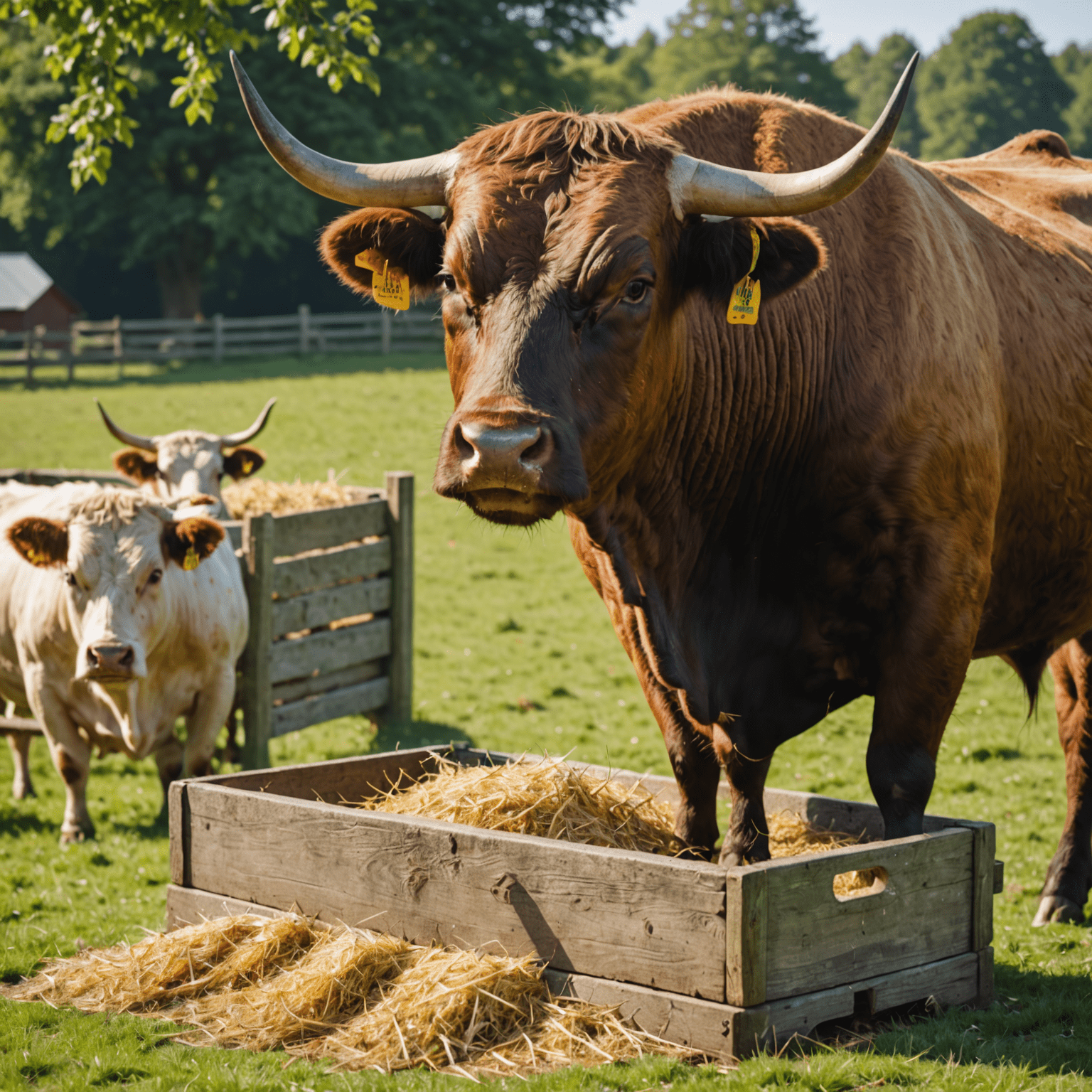 A farm bull eating from a trough filled with a balanced diet of hay and concentrates, illustrating proper nutrition