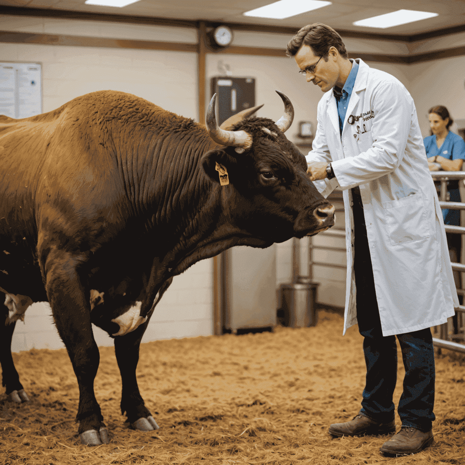 A veterinarian examining a bull, demonstrating our commitment to bull health and regular check-ups.