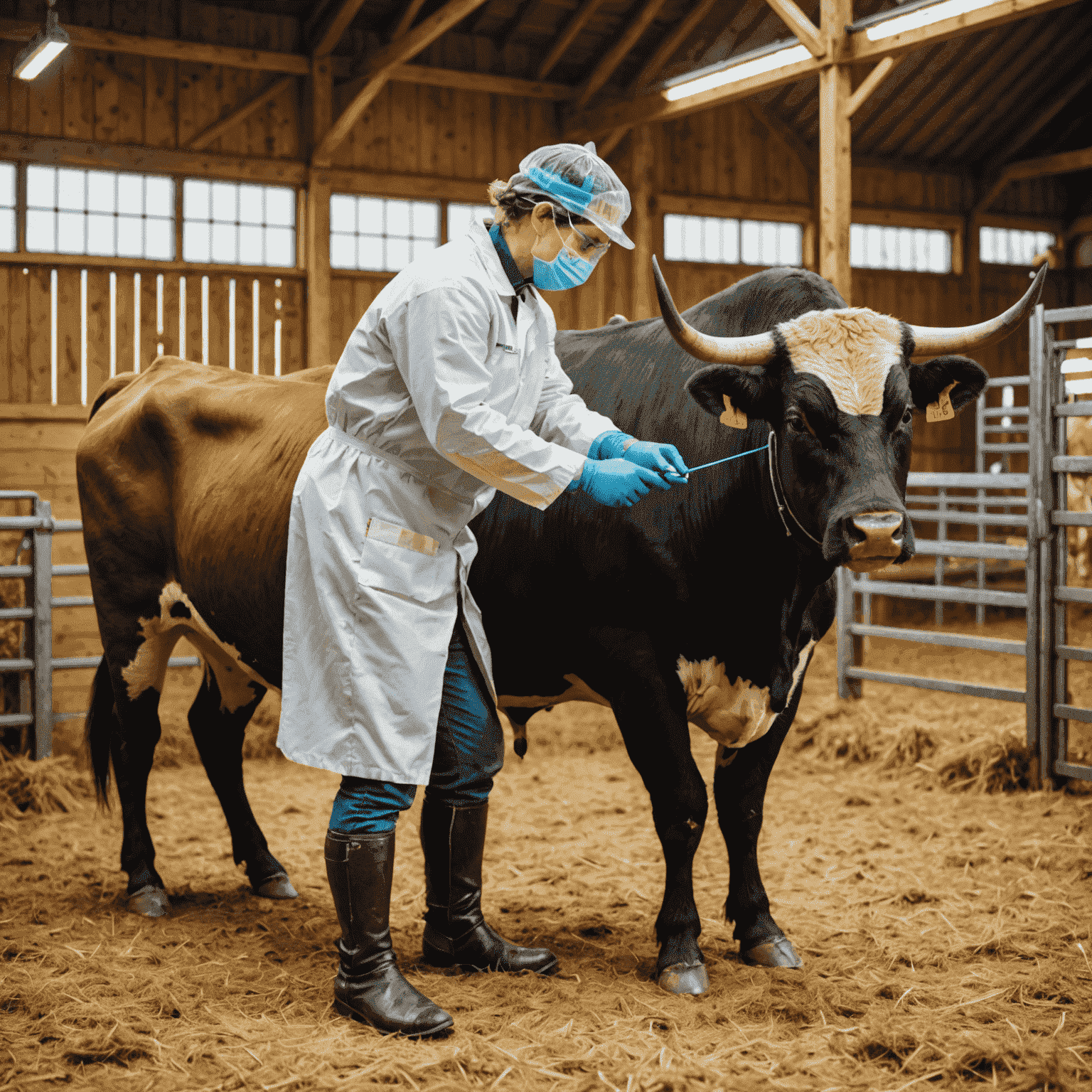 A farm bull receiving a vaccination from a veterinarian. The bull is calm and standing in a clean, well-lit barn area. The vet is wearing protective gear and administering the shot with care.