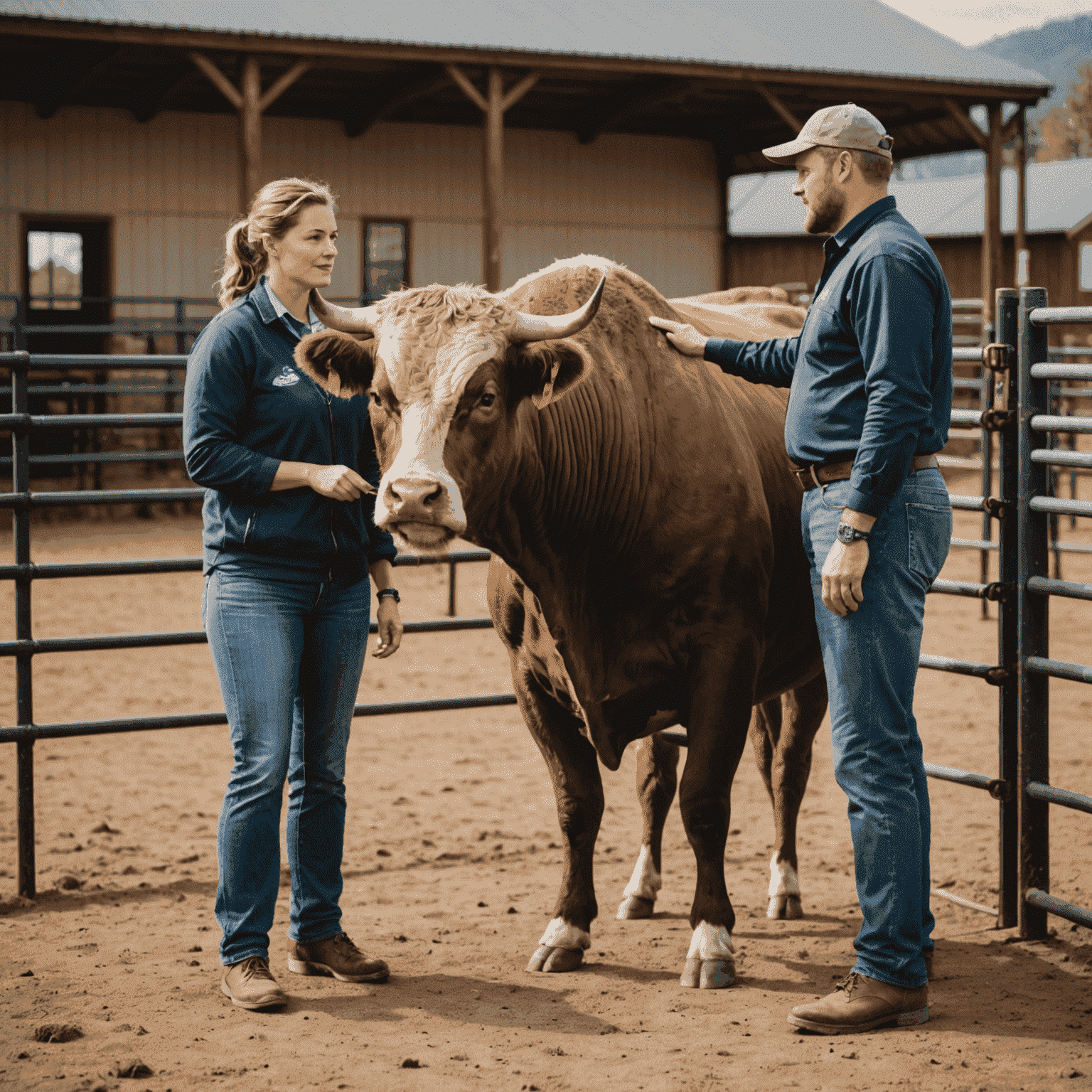 A calm bull standing next to a trainer in a training pen, showcasing successful behavior management techniques