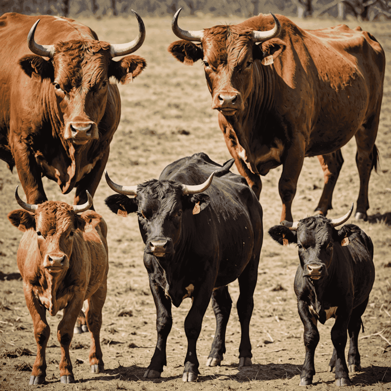 A collage showing four bulls of different ages: a young calf, a yearling, a mature bull, and a senior bull. Each bull looks healthy and well-nourished, illustrating the importance of proper nutrition at every life stage.