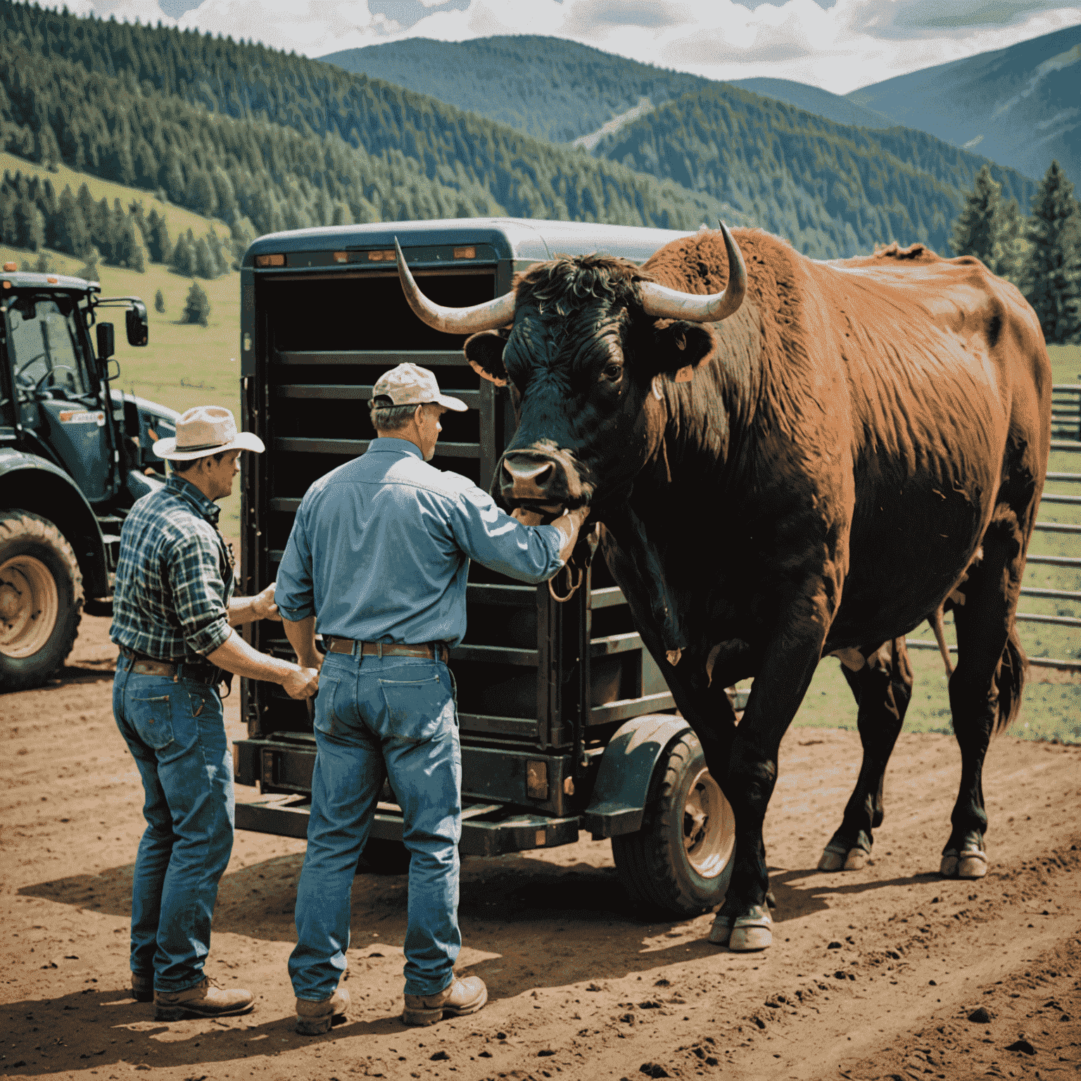 Professional handlers carefully loading a bull into a specialized transport vehicle, showcasing our commitment to safe handling practices