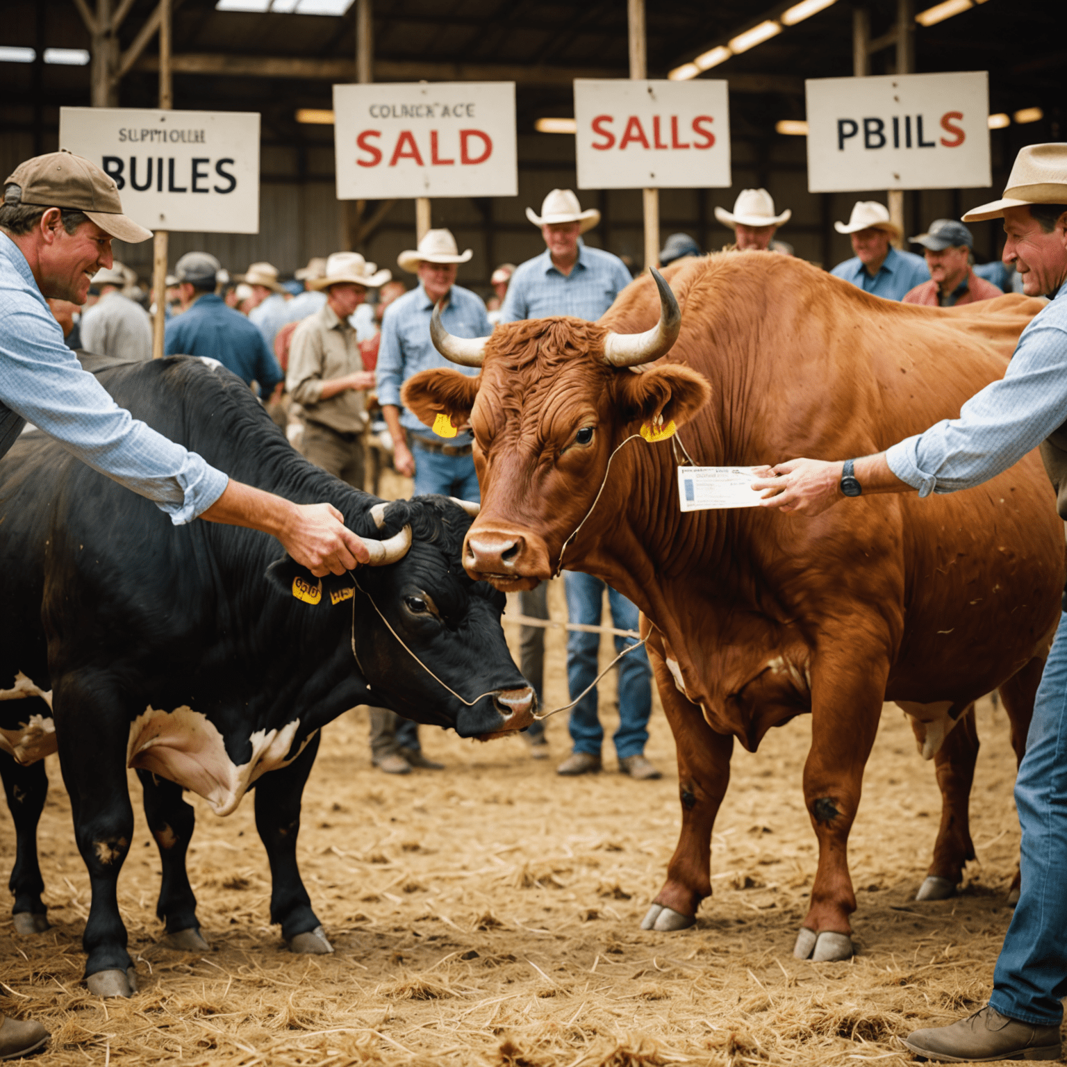 A graph showing rising trends in bull sales. Images of bulls with price tags and farmers shaking hands, symbolizing successful transactions.