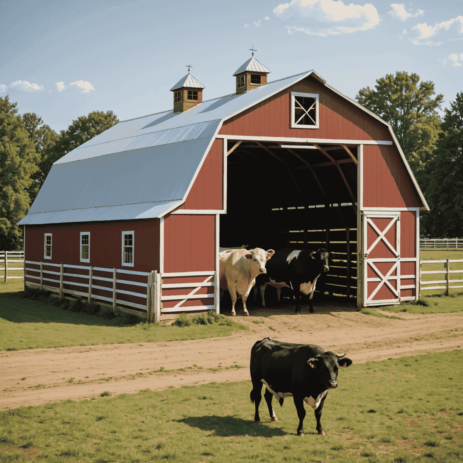 A spacious, well-ventilated barn housing several farm bulls, demonstrating proper stress management through adequate shelter