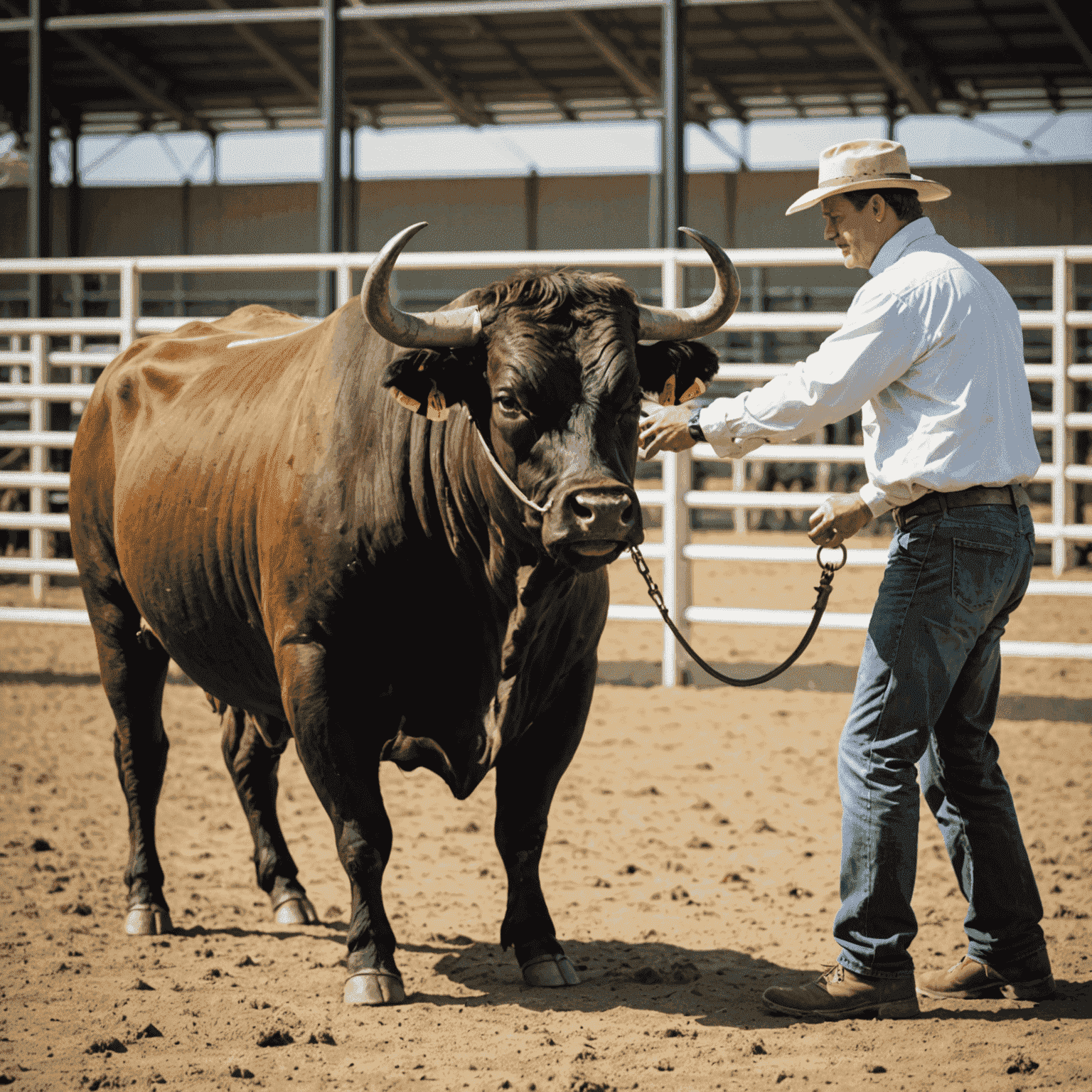 A trainer working with a bull in a ring, showcasing our specialized training and handling services.