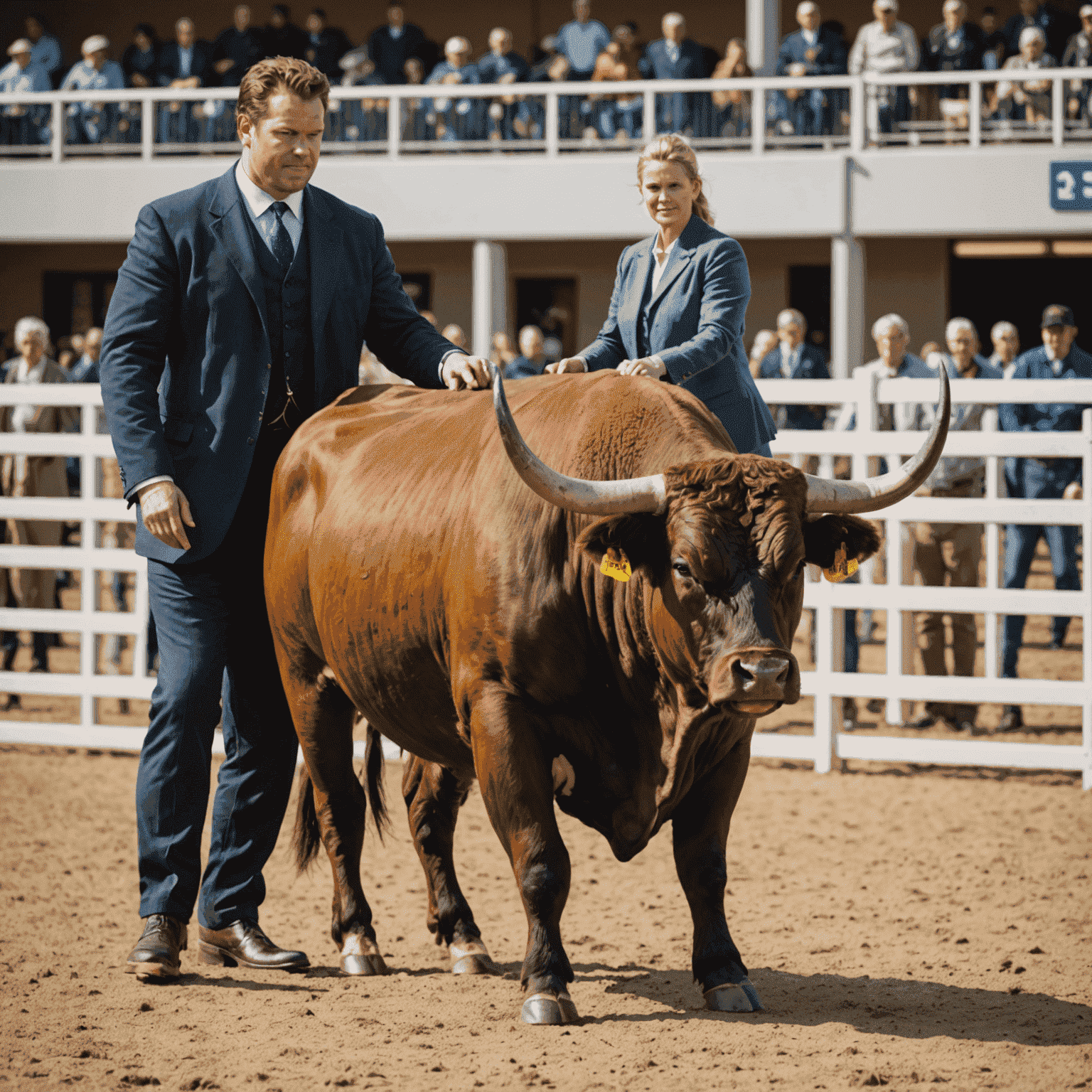 A well-groomed bull being led by a handler in a show ring, demonstrating perfect posture and obedience