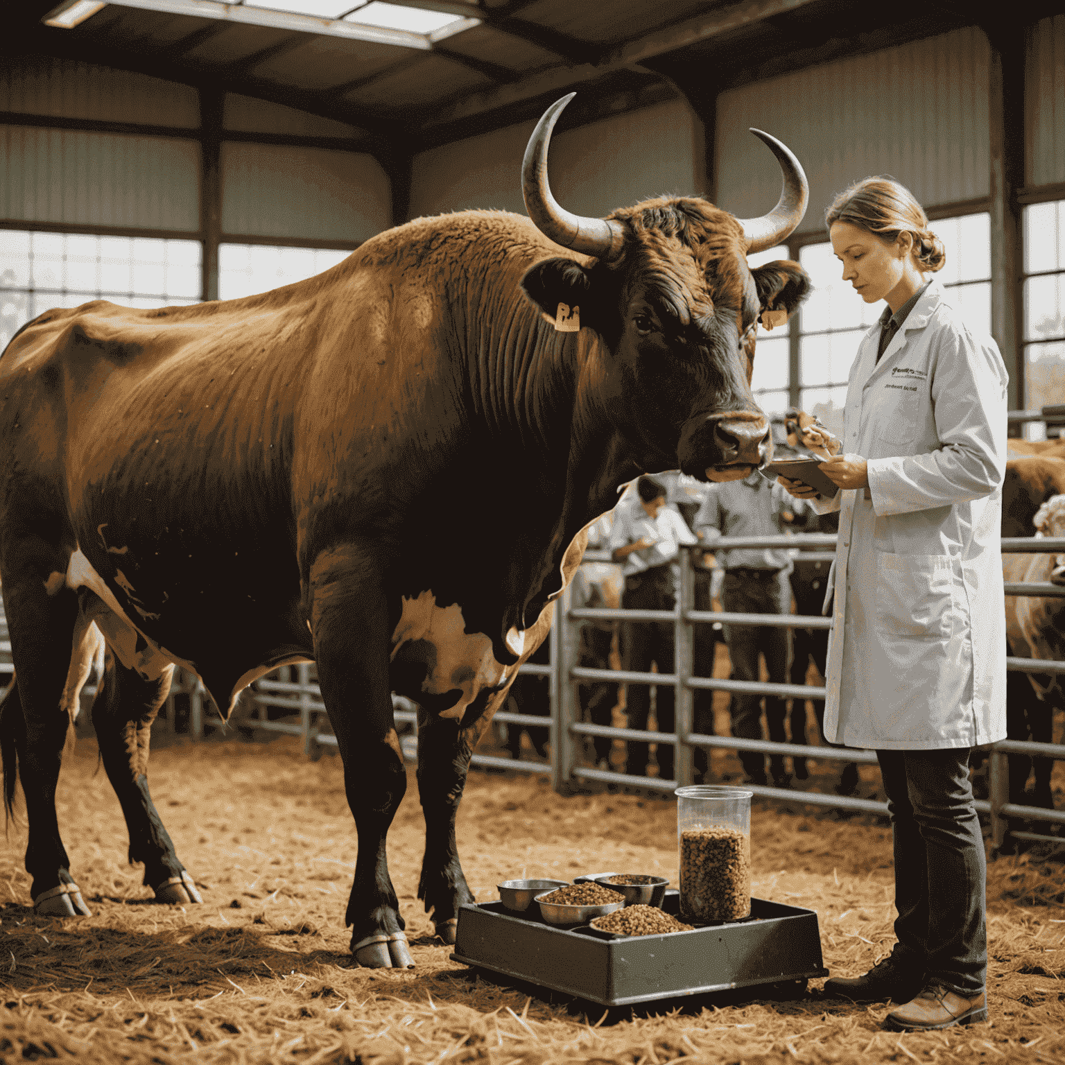 A healthy bull eating from a specialized feeder. Veterinarians are shown examining the bull, with nutritional charts and supplements visible in the background.