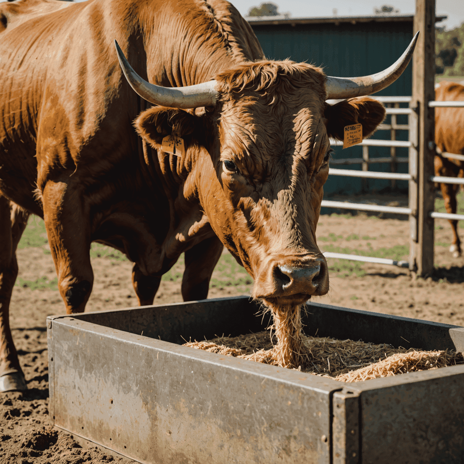 A close-up of a bull eating from a specialized feed trough, highlighting our nutrition services.